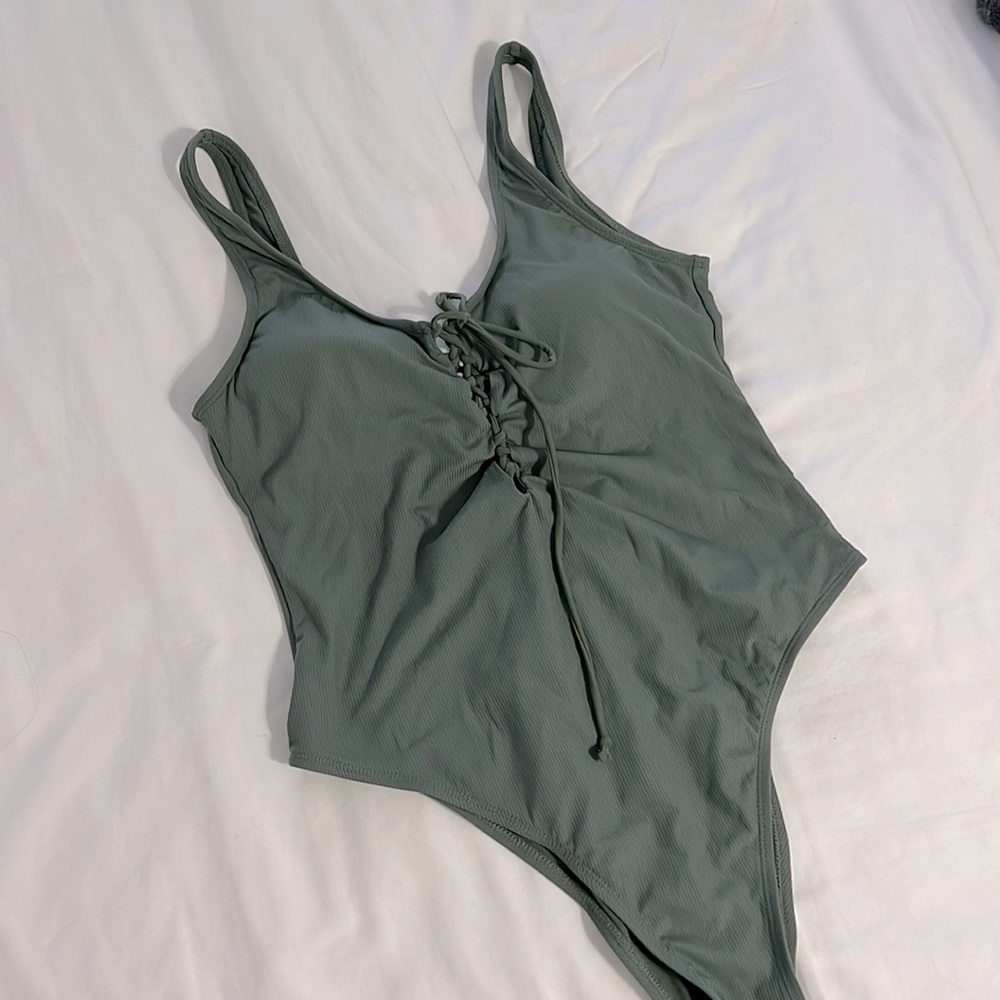 Olive green one piece swimsuit | low back cheeky
